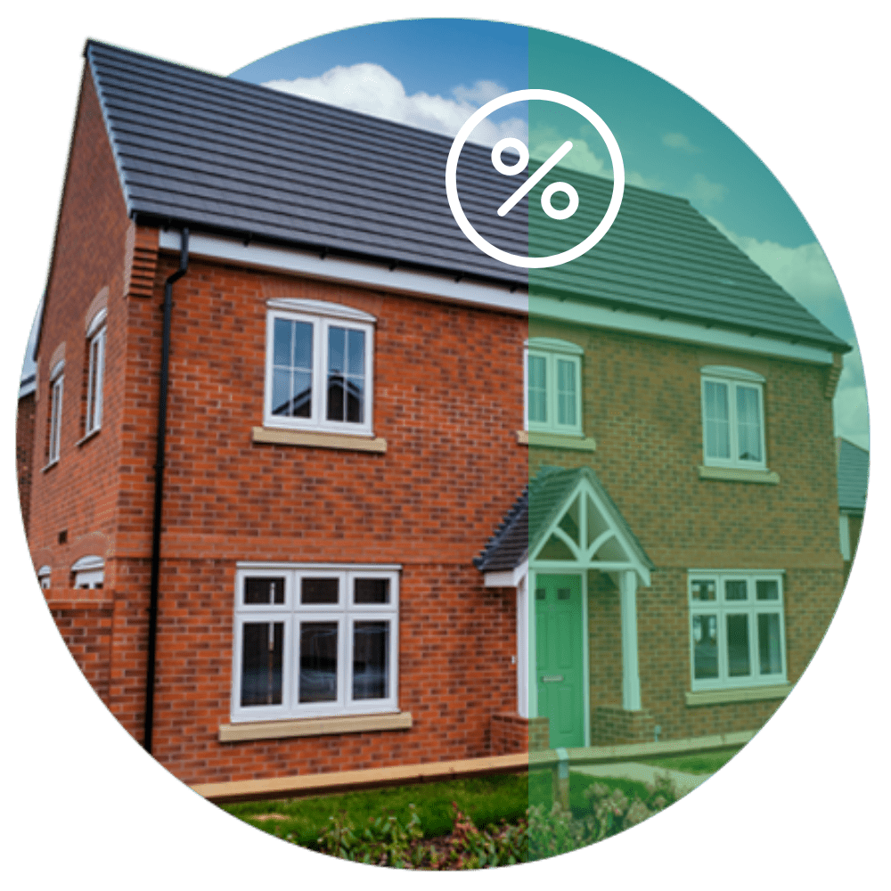 a shared ownership home with a green overlay and a percentage icon, representing the ability to buy a percentage share of a home.
