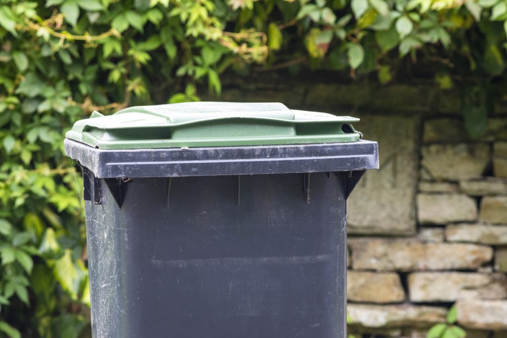 A household wheeled bin stands in front of a wall