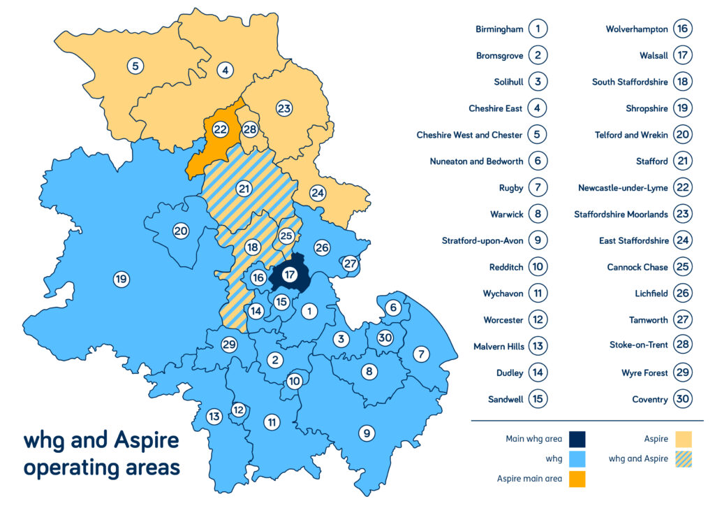 Map showing the areas whg and Aspire Housing own homes.